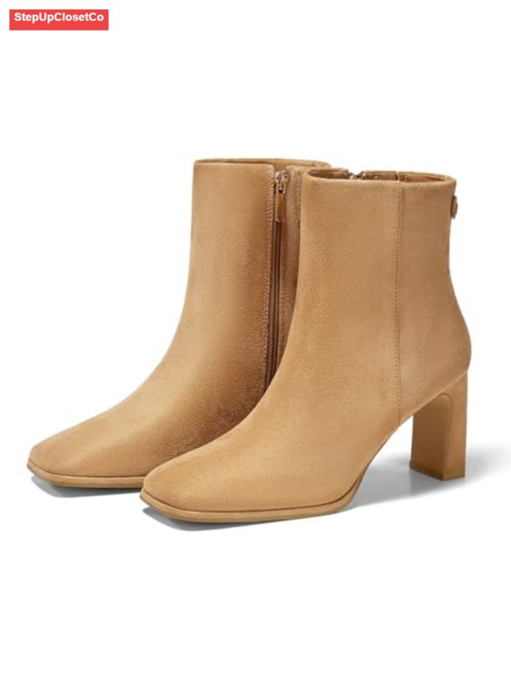 Square Toe Ankle Boots Chunky Block Heel Side Zipper Faux Suede